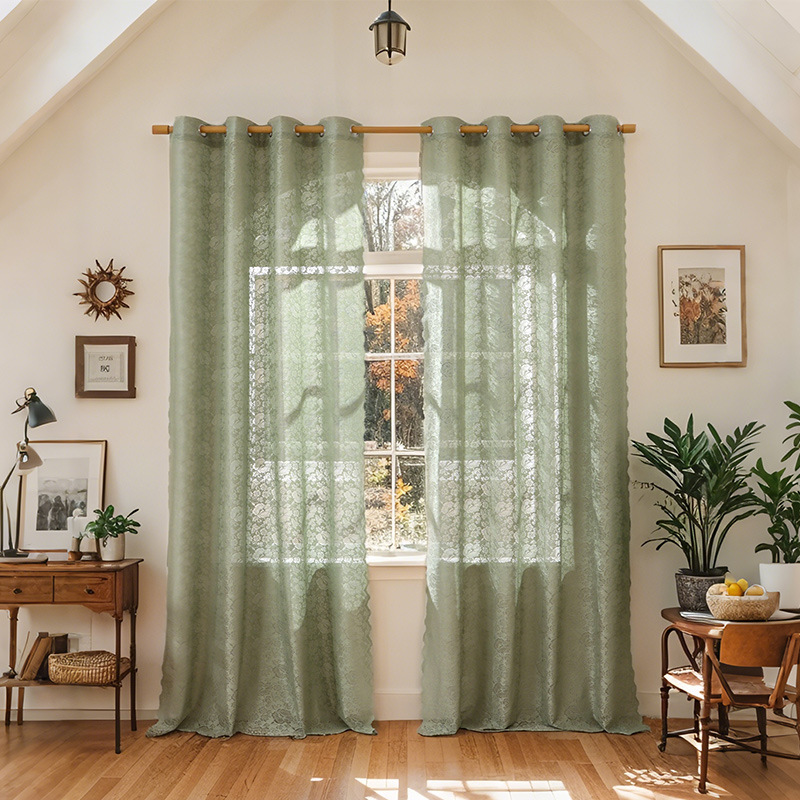 Tende in pizzo floreale in stile francese, verdi e trasparenti, per camera da letto e soggiorno._voghion.com