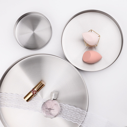 Nordic ins style light luxury storage disc silver brushed stainless steel round tray cosmetics jewelry tea tray
