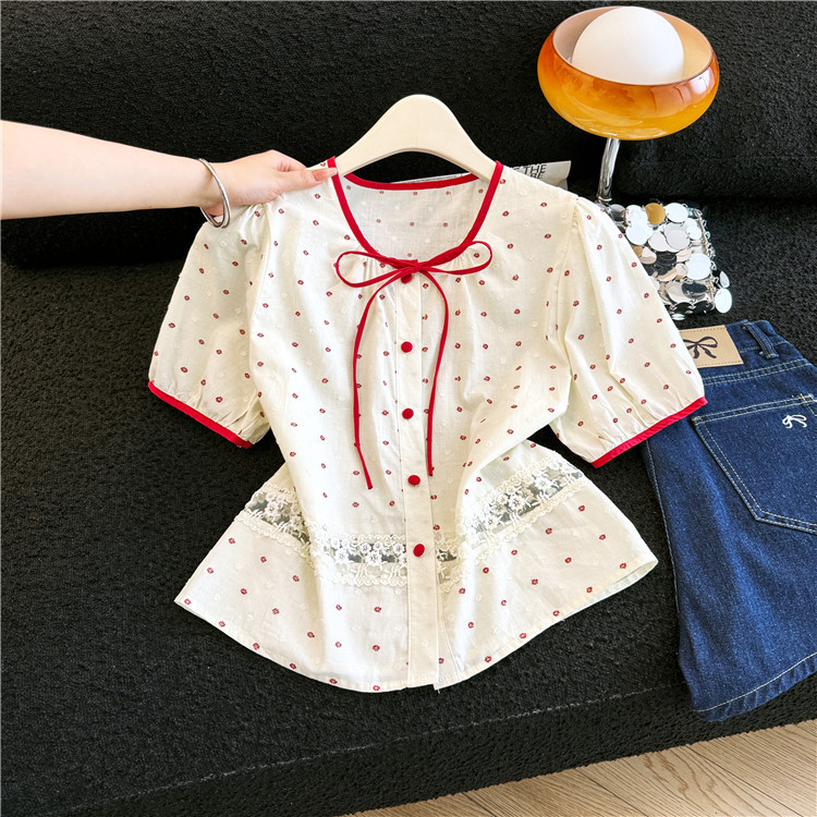 Korean-Style Design Lace-Up Patchwork Short-Sleeve Shirt for Women, 2026 Summer New Model, Beautiful, Slimming, Versatile Top Korean-Style Design Lace-Up Patchwork Short-Sleeve Shirt for Women, 2026 Summer New Model, Beautiful, Slimming, Versatile Top