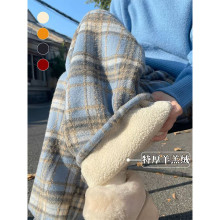 羊羔绒格子裤女秋冬季东北外穿保暖棉裤小个子加绒加厚毛呢阔腿裤