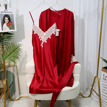 轻奢感重工刺绣重磅真丝吊带睡袍套装女红色结婚桑蚕丝家居服晨袍