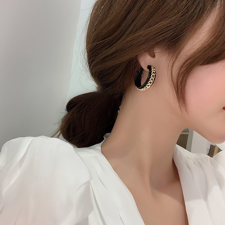 Korean version of metal chain black leather ear hoop earrings