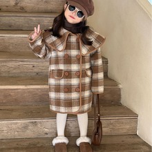 2023冬季新款童装 韩版童装 女童内里羊羔毛格子大衣 中长款大衣