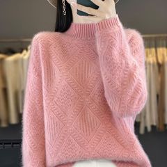 秋冬新款羊绒女装半高领菱形镂空套头宽松慵懒风毛衣纯色针织打底