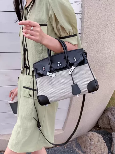 Cross-Border Popular European and American Genuine Leather Women's Bag First Layer Cowhide with Canvas Fashion Platinum Bag Women's Handbag Shoulder Bag