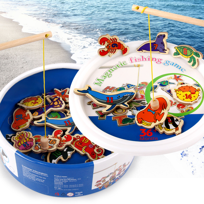 Bebé niños y niñas niños pequeños traje de pesca magnética agua jugando rompecabezas de madera pesca bloques de construcción juguete imán gancho de pescado