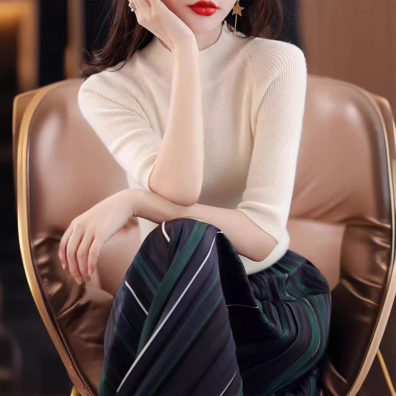 Spring and Autumn half turtleneck half sleeve pullover knitted women's bottoming shirt inner wear slim half sleeve sweater women's simple temperament style