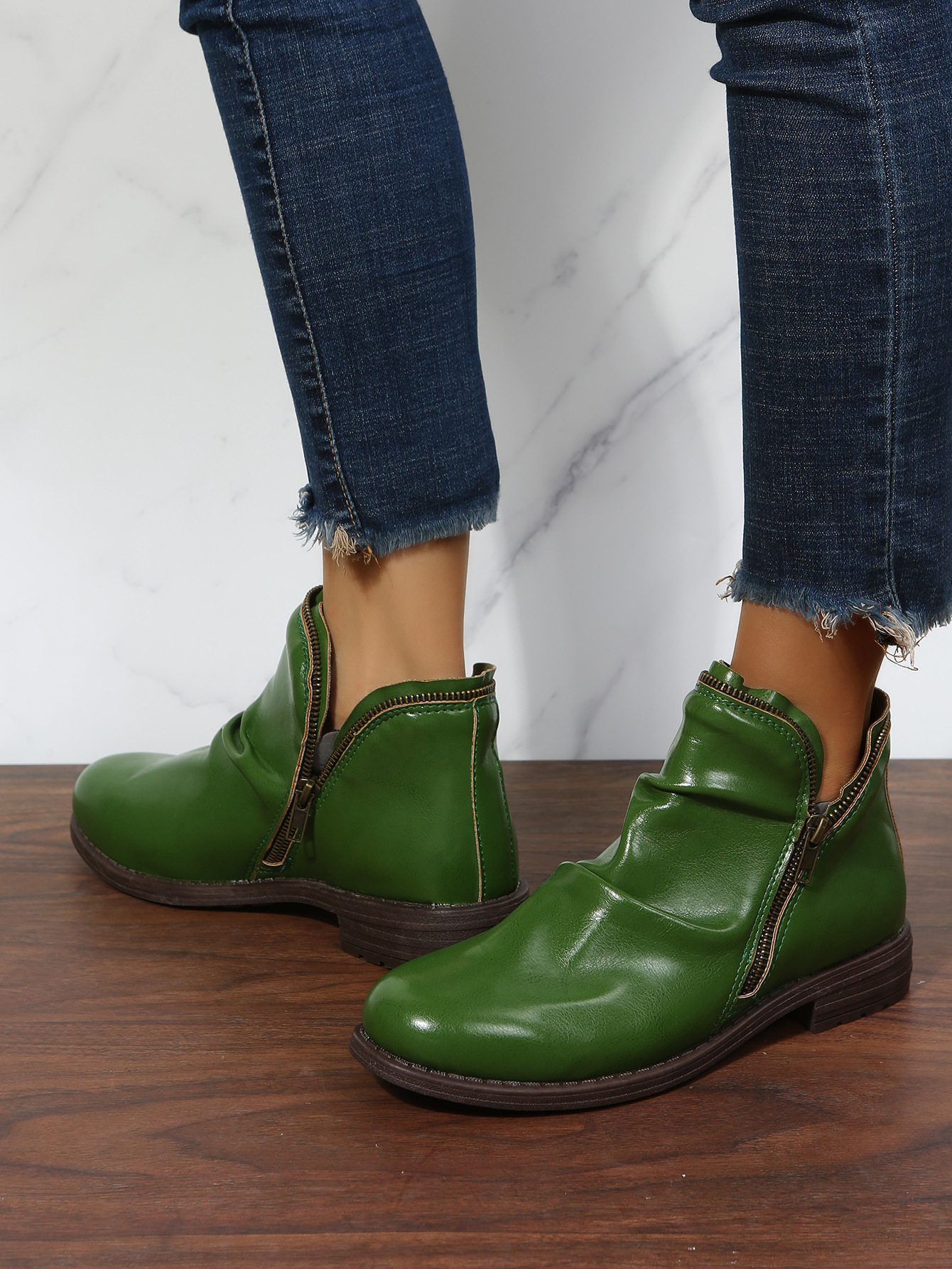 New low heel chunky round toe double zipper boots for women_voghion.com