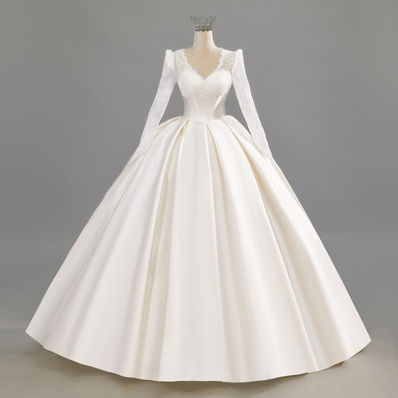 Satin Vintage Long-Sleeve V-Neck Light Wedding Dress 2026 New Model High-End Texture Custom Niche Style with a Train