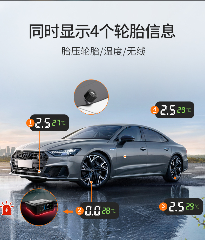 Car Tire Pressure Monitor with Ambient Light and Large Screen Display Tire Pressure Detector