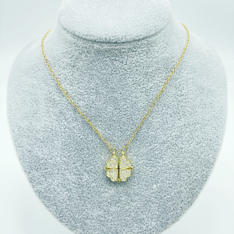 Fashion Four Leaf Clover Heart Shape Titanium Steel Rhinestones Pendant Necklace