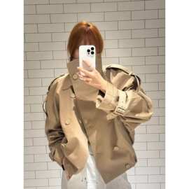 斜立领双排扣下摆收褶美拉德感短款风衣女2025秋季新款夹克潮流装