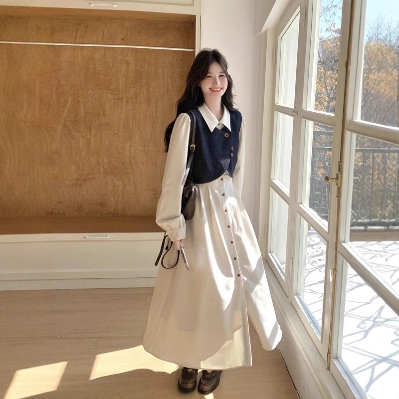 法式气质穿搭牛仔马甲连衣裙套装女2025秋季新款衬衫裙超火两件套|undefined