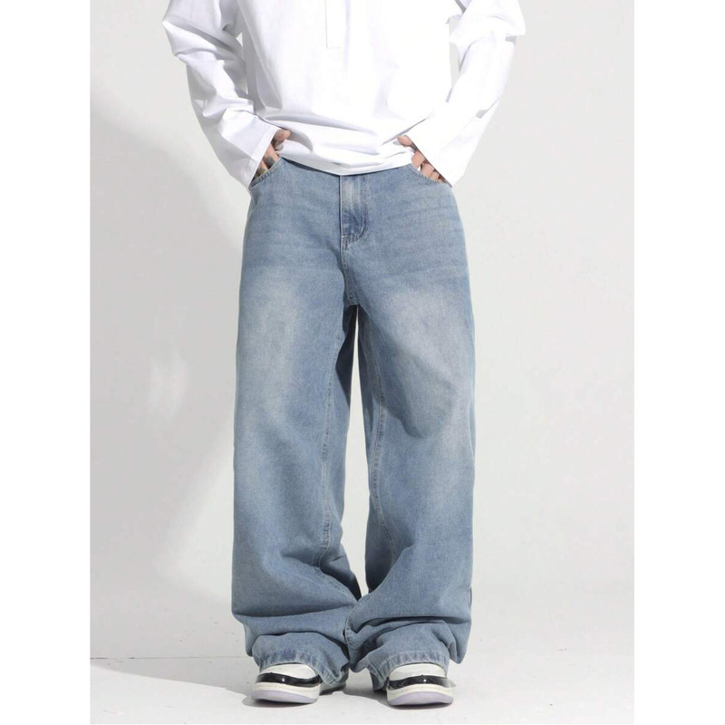 American-Style Washed Wide-Leg Jeans for Men, Straight-Cut, Floor-Length, Vintage Distressed High-Street Pants, Cross-Border Special Edition