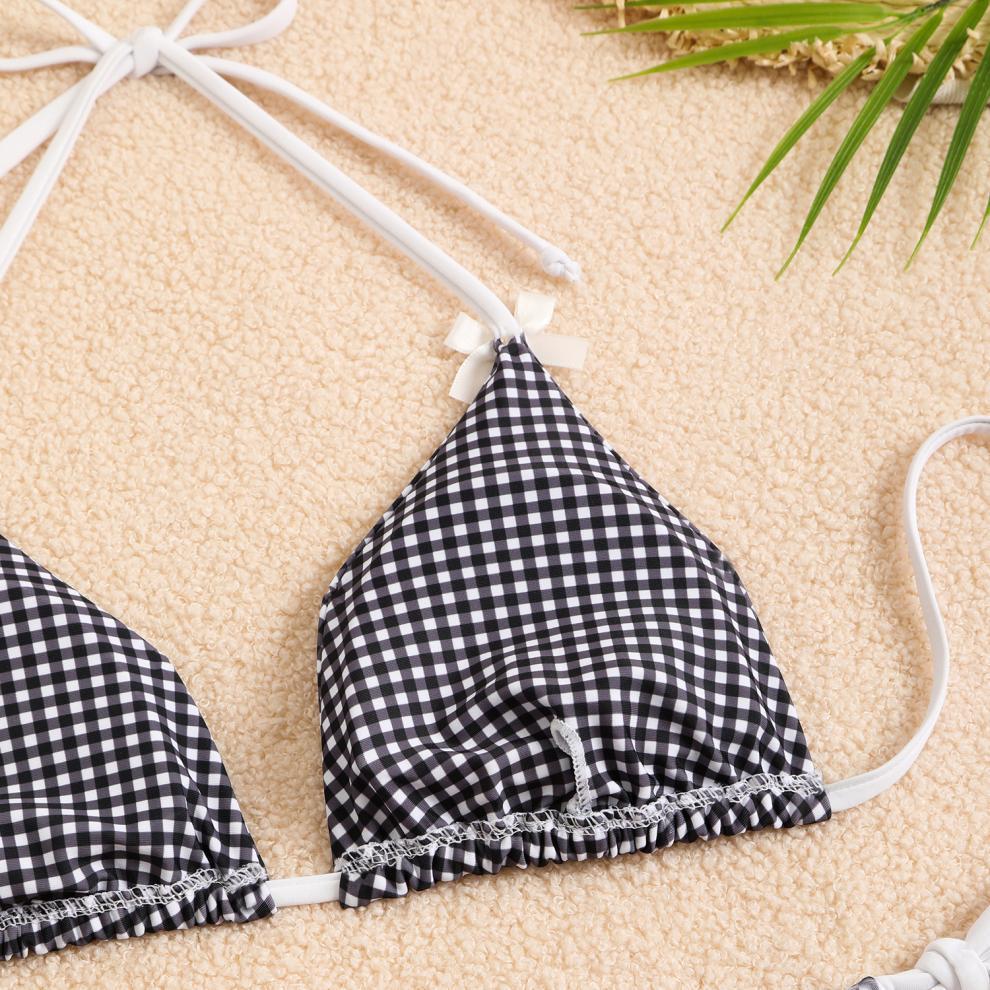 Bikini Swimwear Women Split Bikini Plaid Printed Bow Sexy Swimsuit