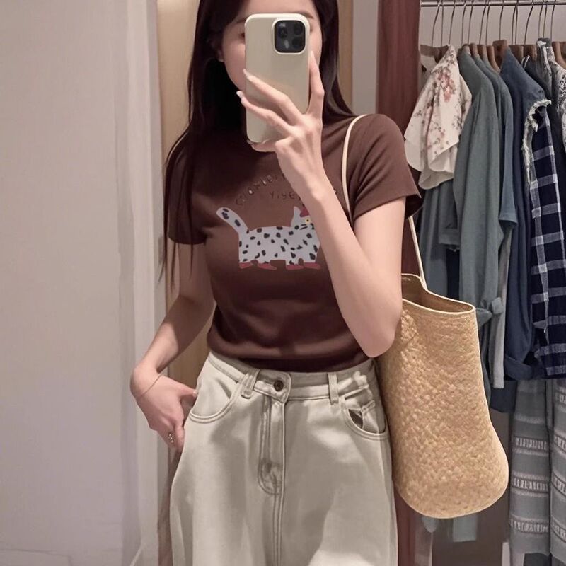 2025新款泰式多巴胺橘色印花正肩短袖T恤女夏季穿搭圆领体恤上衣|undefined