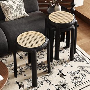 Nordic Thickened Rattan Plastic Stool, Home Dining Stool, Stackable Modern Simple Dressing Bench, Shoe Changing Small Round Stool