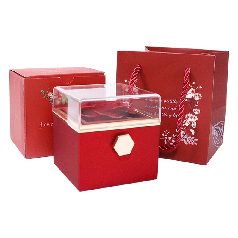 Creativo giratorio Día de San Valentín eterna flor caja de regalo Rosa caja de joyería anillo collar caja de joyería