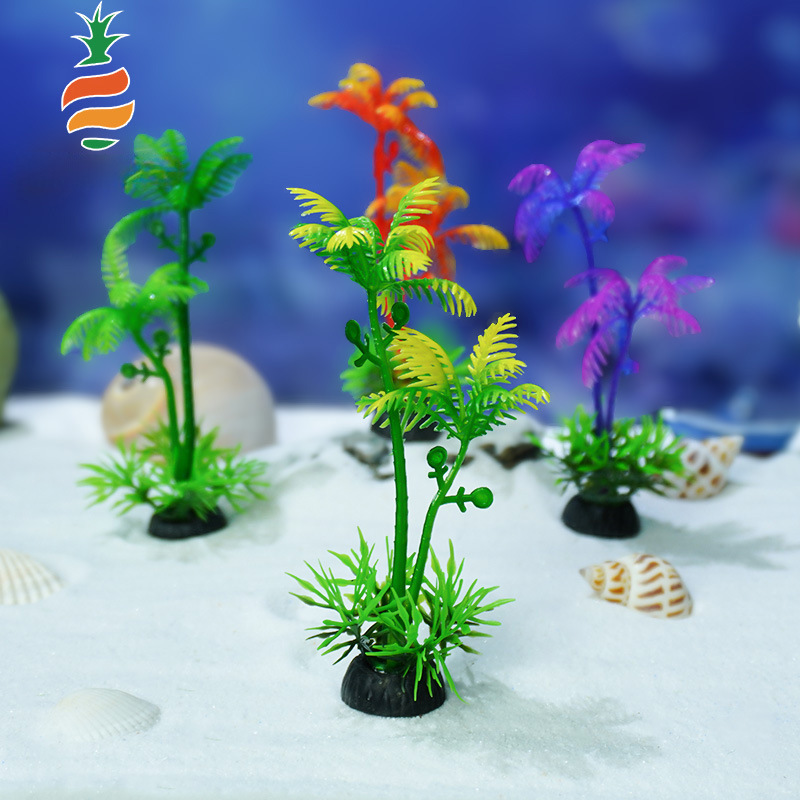 Venta directa de fábrica, decoración de pecera pequeña, decoración de árbol de coco de simulación, acuario, tanque de tortuga, paquete de hierba de agua falsa de plástico suave