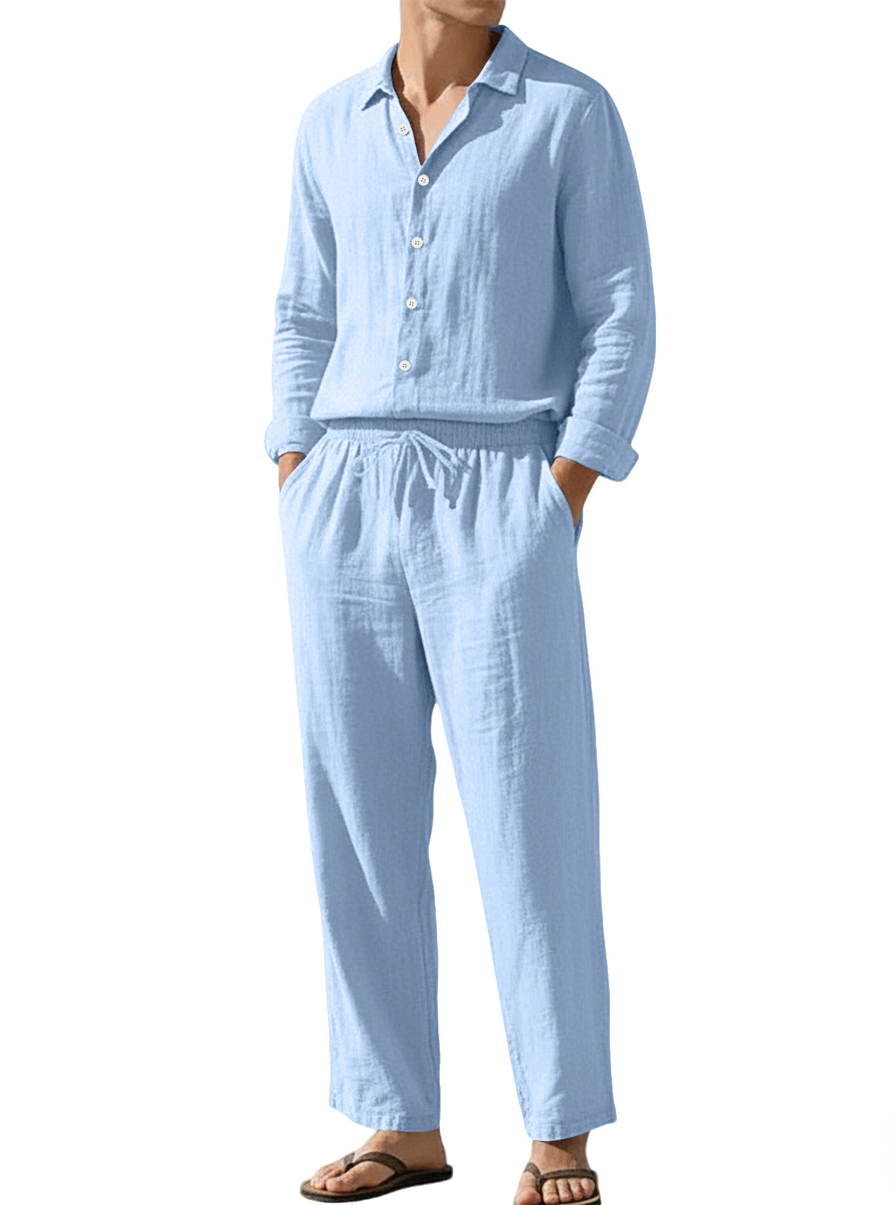 Estación independiente transfronteriza Europa y América cuatro estaciones lino transpirable ocio playa suelta protección solar camisa de mangas largas pantalones largos set hombre