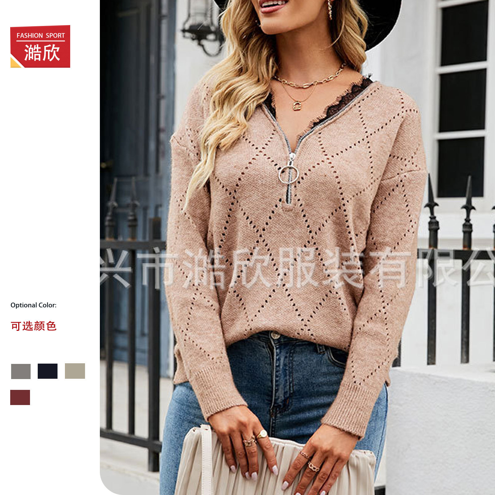 Autumn and winter new style sweater temperament V-neck lace pullover European and American foreign trade hollow zipper long-sleeved sweater for women