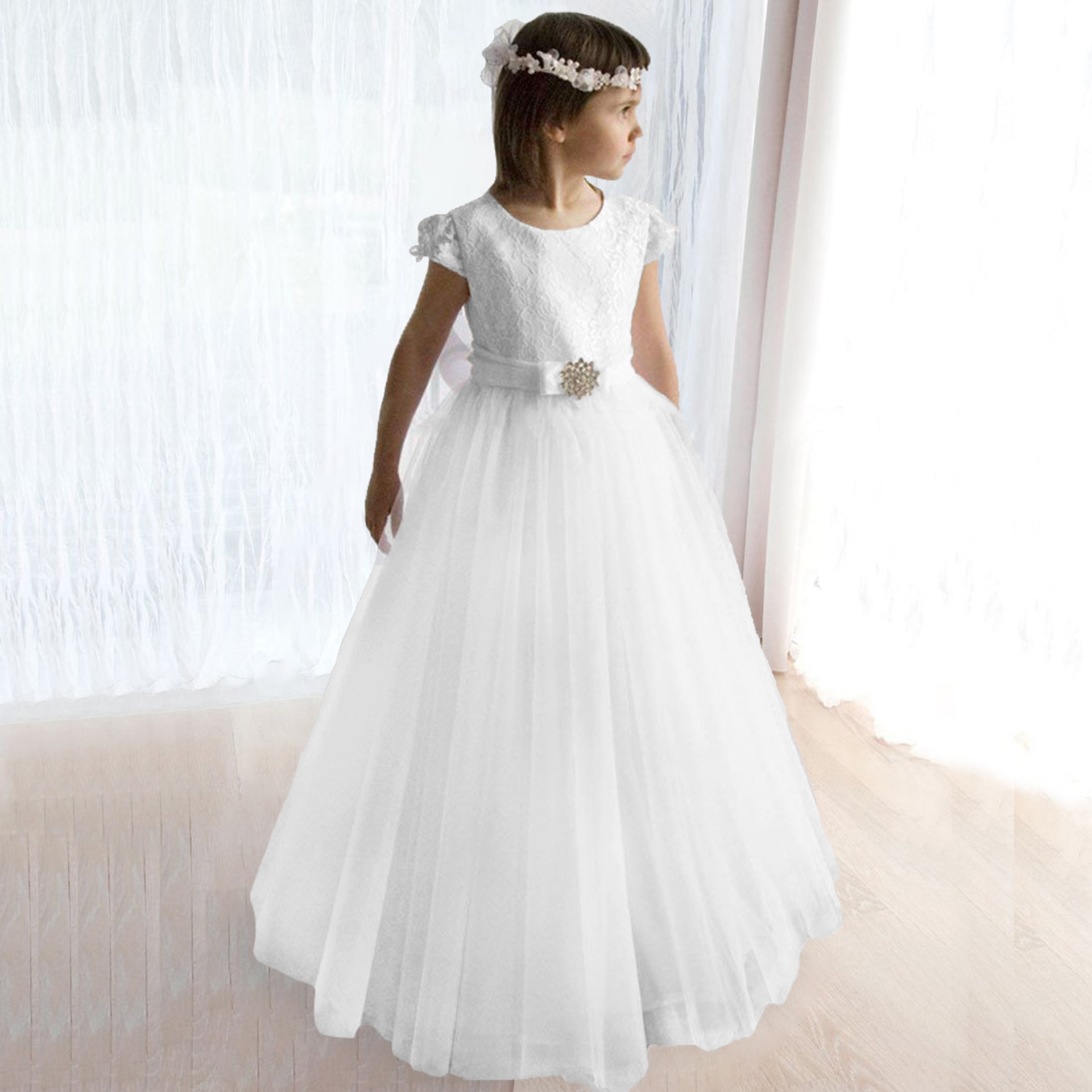 Mädchenkleid aus Spitze, kurzärmelig, Prinzessinnenkleid für Hochzeiten und Geburtstage mit bauschigem, bodenlangem Rock_voghion.com
