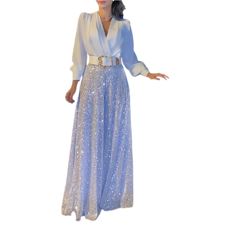 Camisa de manga larga con cuello en V, estilo europeo y americano, elegante y adelgazante, con lentejuelas y diseño de pierna ancha, nueva moda transfronteriza para mujer 2027.