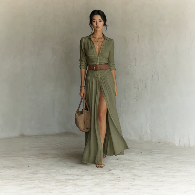 2026 European and American style women's collared long-sleeve shirt dress, pleated high-waisted long holiday dress with slit and belt 2026 European and American style women's collared long-sleeve shirt dress, pleated high-waisted long holiday dress with slit and belt