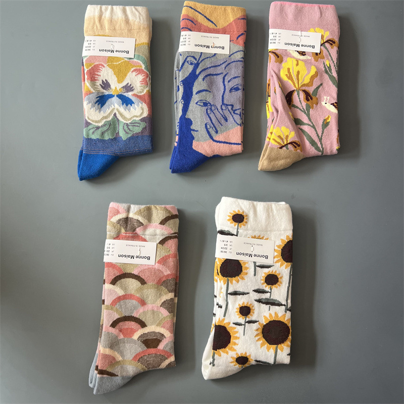 New Bonne Maison Pure Cotton Oil Painting Socks Trendy Socks Retro Fun Men's and Women's Mid-Calf Socks
