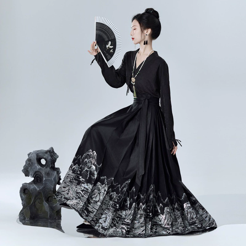 Настоящий выстрел Новый китайский стиль ханьфу с перекрестным воротником и длинными рукавами Топ жилет юбка тканая Золотая Макияж Цветок ежедневное похудение юбка в национальном стиле