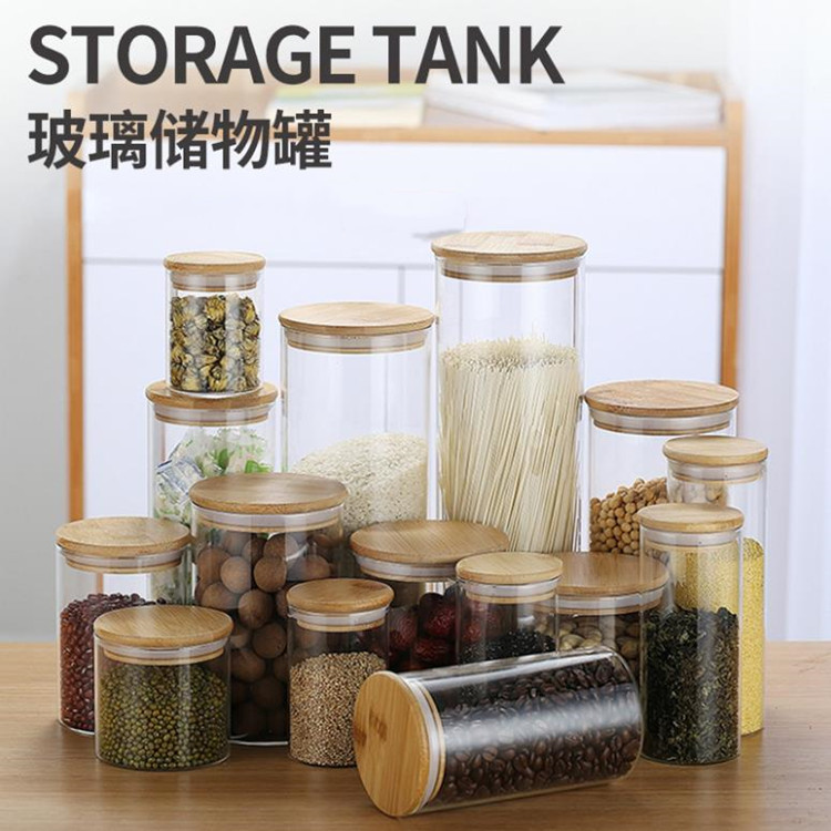 Tarro de almacenamiento de vidrio sellado para el hogar Botella de almacenamiento grande Tarro de granos Cubierta de bambú Tarro de té Tarro de caramelo