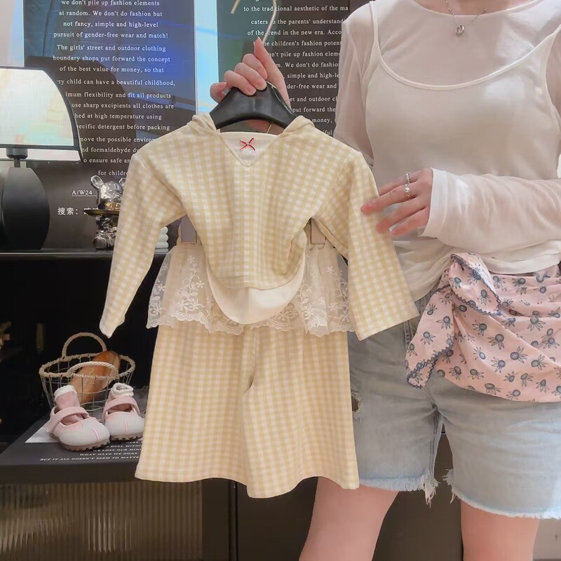 2025新款连帽格子套装 蕾丝花边屁帘阔腿裤女童套装宝宝格子可爱|undefined