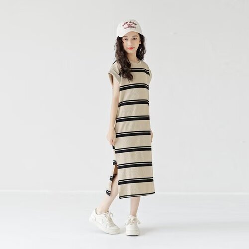 Girls' Summer Dress Stylish Medium and Large Children's Long Dress Korean Version Children's Long Sleeve T-Shirt Short Sleeve Summer Outfit Striped Skirt
