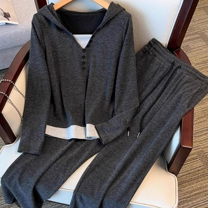 Splicing, Button Casual Sports Suit for Women, Spring and Autumn New High-End Fashion Hooded Top with High Waist and Glutinous Rice