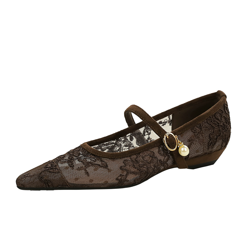 3683-K205 European and American style fashionable lace mesh pearl decoration straight buckle strap pointed shallow mouth low order shoes