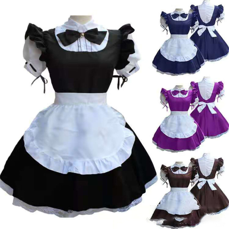 Purple Anime Bow Maid Retro Contrast Color Stitching Flying Sleeve Lace European and American Explosions dress Women