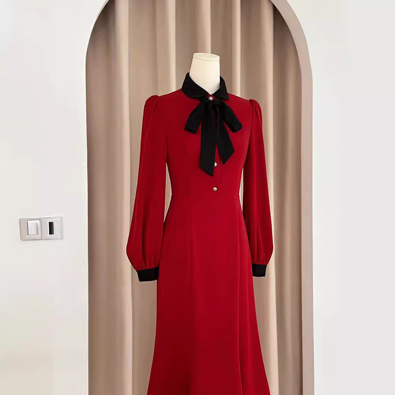 Autumn and Winter French long dress socialite style unique super beautiful temperament red dress women's engagement dress toast dress