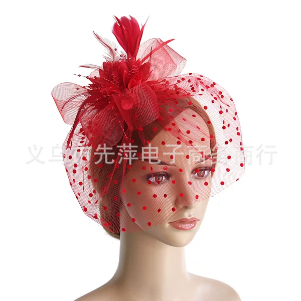 Cross-border hot selling feather mesh headdress dance performance photo headdress vintage veil polka dot cover top hat hair accessories