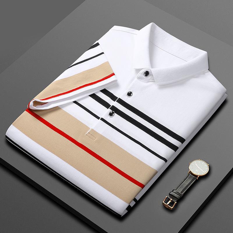 Cotton Striped POLO Shirt Men's Light Business T-Shirt Short-sleeved Men's POLO Stretch Patchwork Lapel Golf T-Shirt