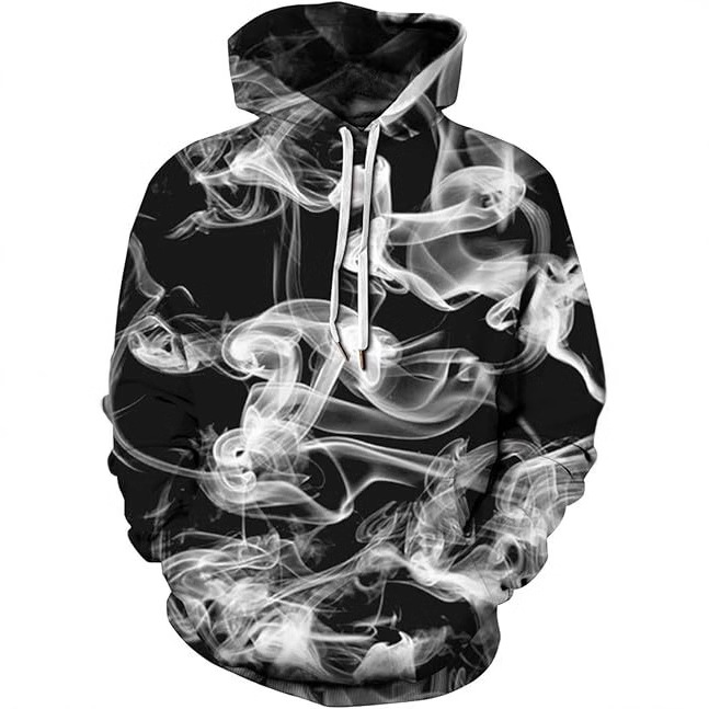 Hombres y mujeres del mismo estilo primavera y otoño suelto todo fósforo de manga larga con parche bolso con capucha suéter personalizado humo impresión 3D ventas directas de fábrica