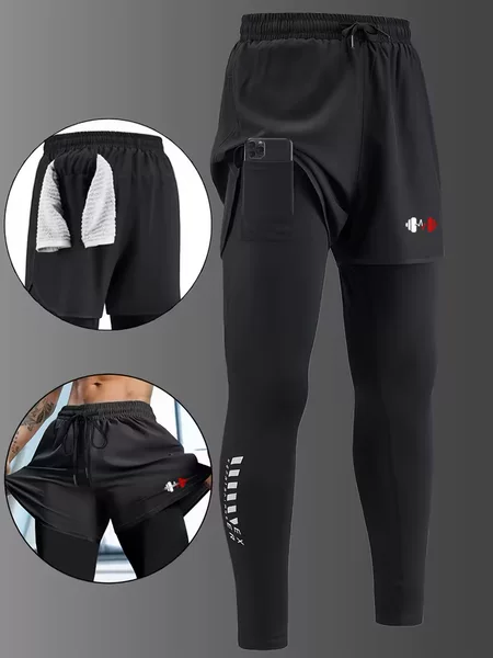 Men's Cross-Border Two-In-One Double-Layer Pants, High Elasticity Compression Fitness Pants, Casual Sports All-Season Style, Faux Two-Piece