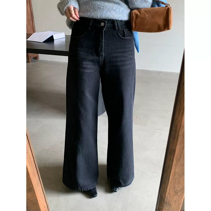 黄峥复古加绒加厚直筒牛仔裤女25冬季韩版高腰宽松阔腿长裤541111