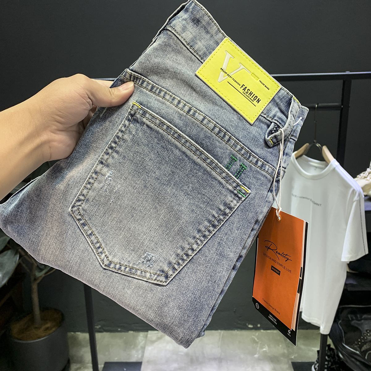 Jean délavé haut de gamme pour hommes, nouvelle marque tendance, élastique, fuselé, polyvalent, coupe ajustée, épais, printemps et automne_voghion.com