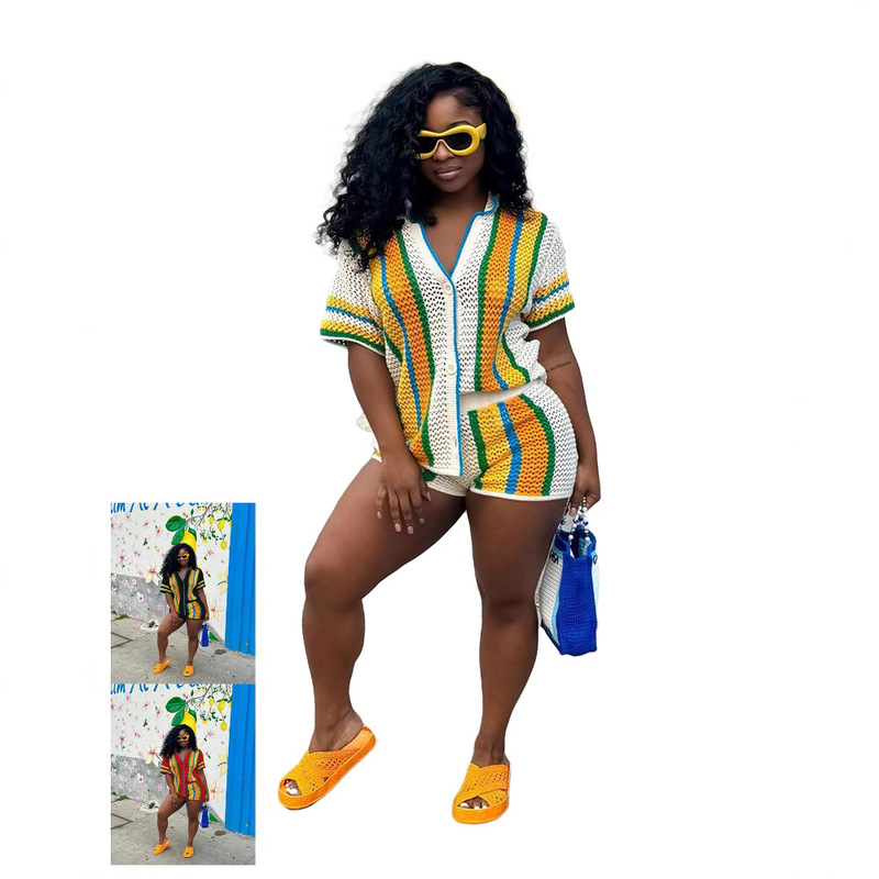 83016 Amazon Aliexpress European and American Women's Clothing Sexy Women's Hollow-Out See-Through Lapel Knitted Shorts Set 83016 Amazon Aliexpress European and American Women's Clothing Sexy Women's Hollow-Out See-Through Lapel Knitted Shorts Set