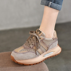 真皮休閒運動鞋女2024春夏款厚底系帶薄款網面鞋百搭低幫女鞋潮鞋