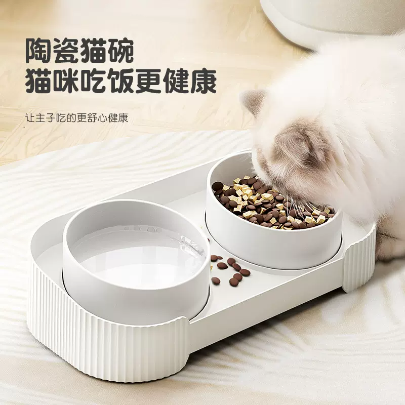 跨境简约宠物碗猫粮双碗喂食喂水猫咪陶瓷碗防打翻护颈猫碗批发