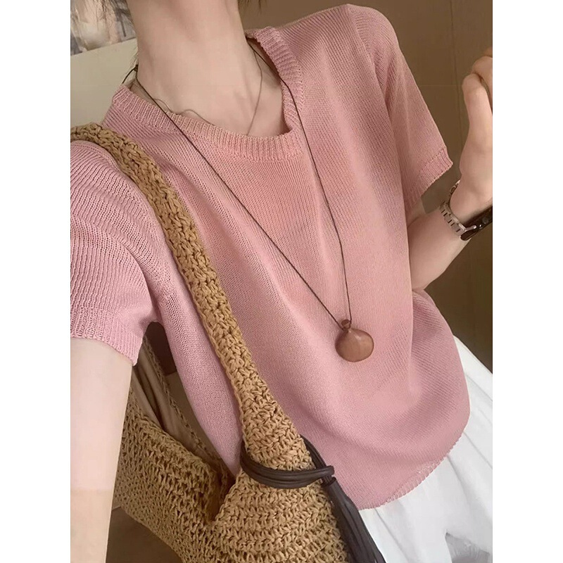 Pink Linen Ice Silk Short-Sleeved T-Shirt for Women 2026 New Summer Design Loose Short Knitted Top Beautiful Top Pink Linen Ice Silk Short-Sleeved T-Shirt for Women 2026 New Summer Design Loose Short Knitted Top Beautiful Top