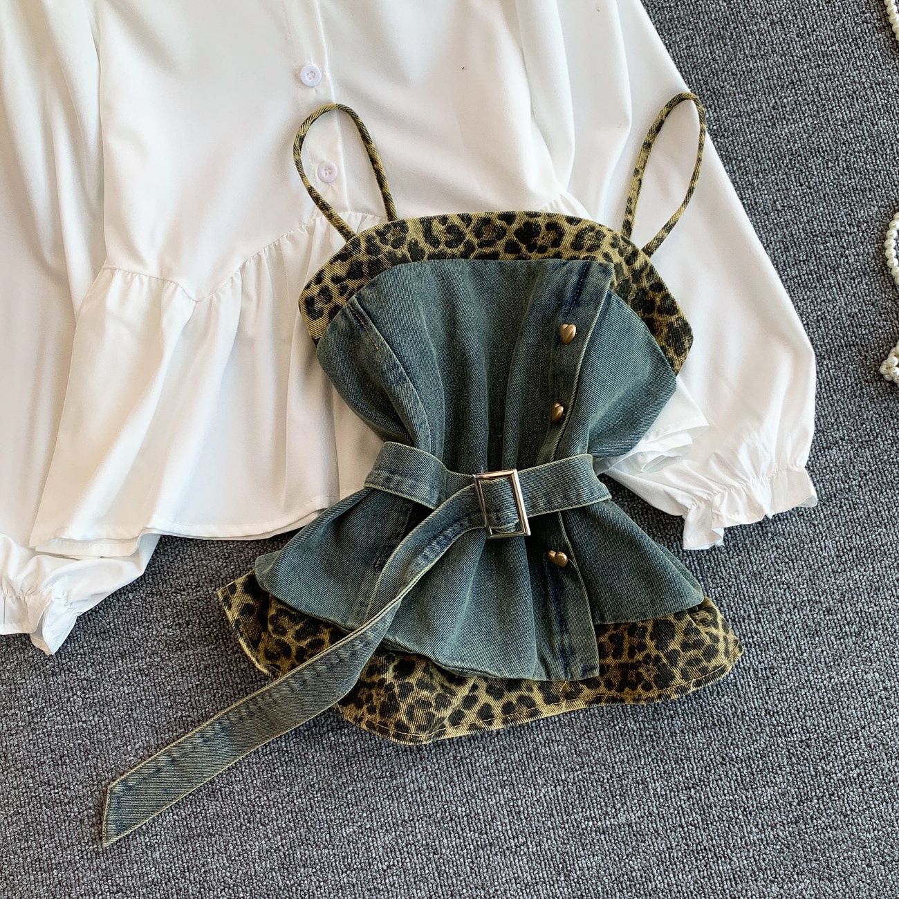 Women's Denim Leopard Print Slimming Shirt Dress Lace Up Design Suspender Top Elegant Fashion Unique Edgy Chic Sophisticated Clothing_ecoleips.com