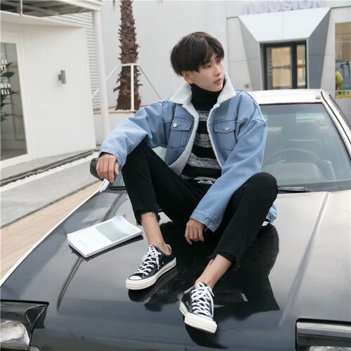 Jeans jacket for men in autumn and winter, loose lambswool coat with stand-up collar, couple set, baseball style casual top clothing