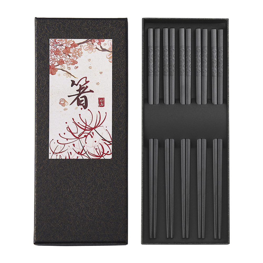 일본 합금 젓가락 스시 미끄럼 방지 젓가락 곰팡이 방지 고온 내성 비즈니스 가정용 식기 5 쌍 고급 선물 세트